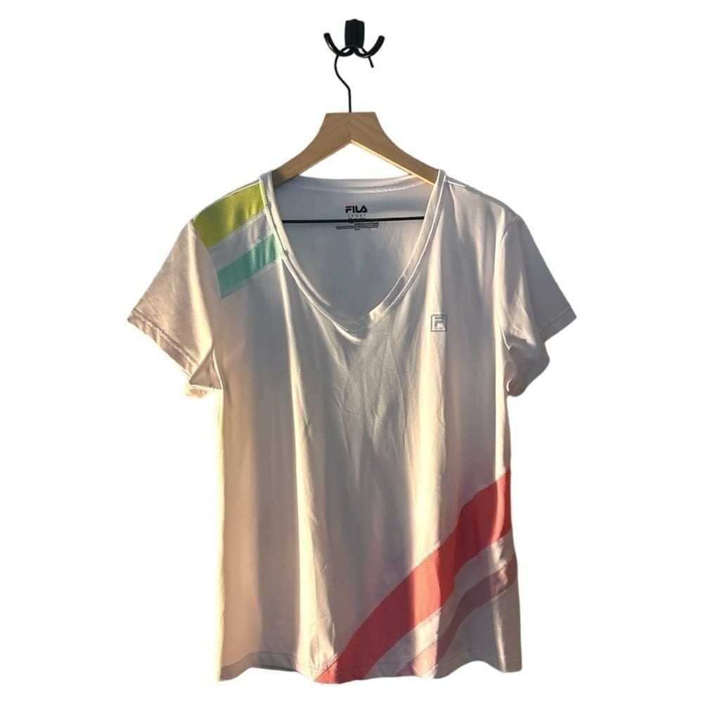 Fila Sport V-Neck Athletic T-Shirt Color Block Detail Top XL